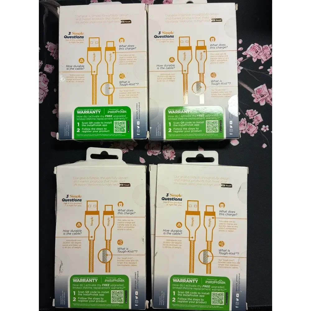 S. Simple 6ft USB-A to USB-C Tough-Knit Braided Cable White/Gold Lot of 4 NEW OB
